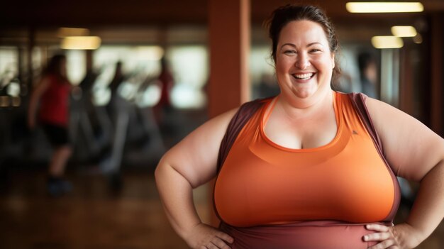 Foto donna di taglia plus che fa fitness in palestra