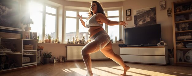 Plus size woman doing workout at home Home workout Generative ai