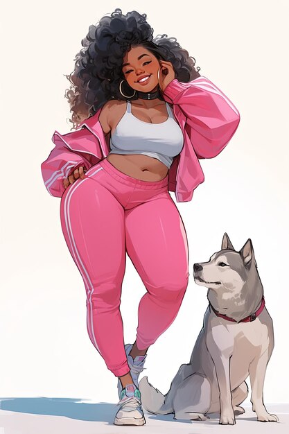 Photo plus size woman in a sport wear illustration with a dog