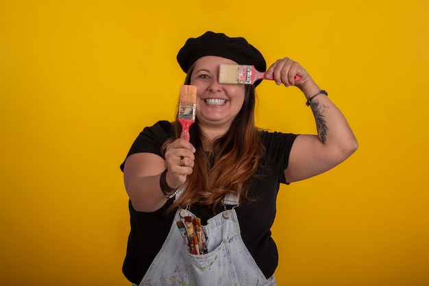 Plus size woman in stylish clothes in studio photos with facial expressions