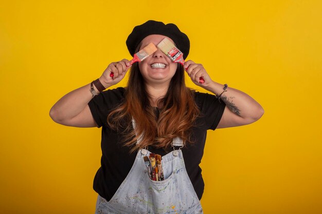 Plus size woman in stylish clothes in studio photos with facial expressions