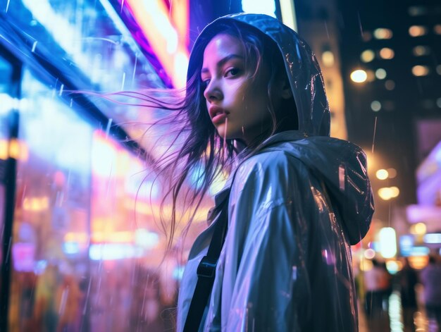 Plus size woman walking confidently through the vibrant neon lit streets