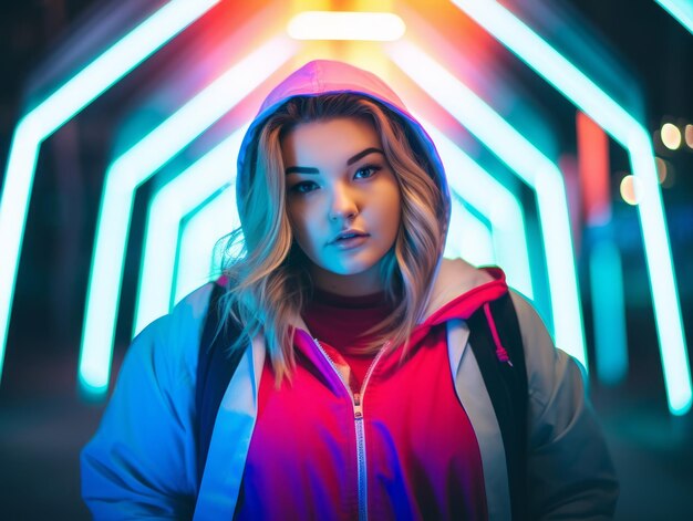 Plus size woman walking confidently through the vibrant neon lit streets