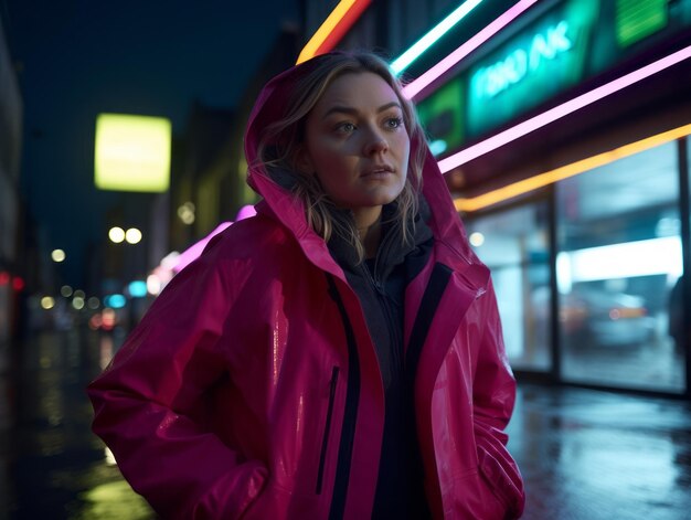 Photo plus size woman walking confidently through the vibrant neon lit streets