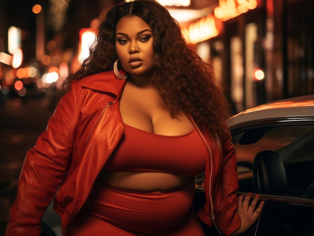 Plus size woman walking confidently through the vibrant neon lit streets