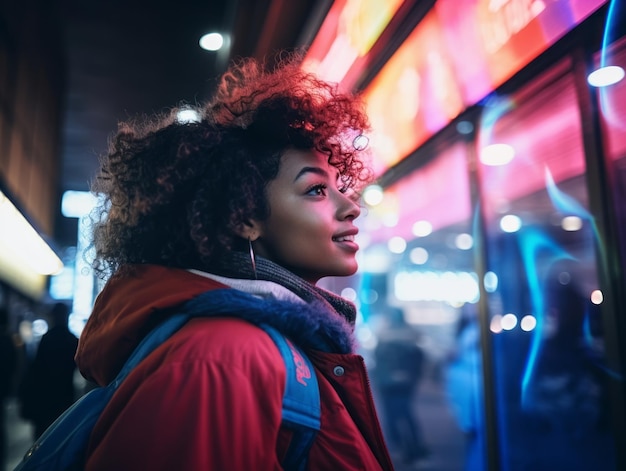 Foto donna taglie forti che cammina con sicurezza per le vivaci strade illuminate al neon