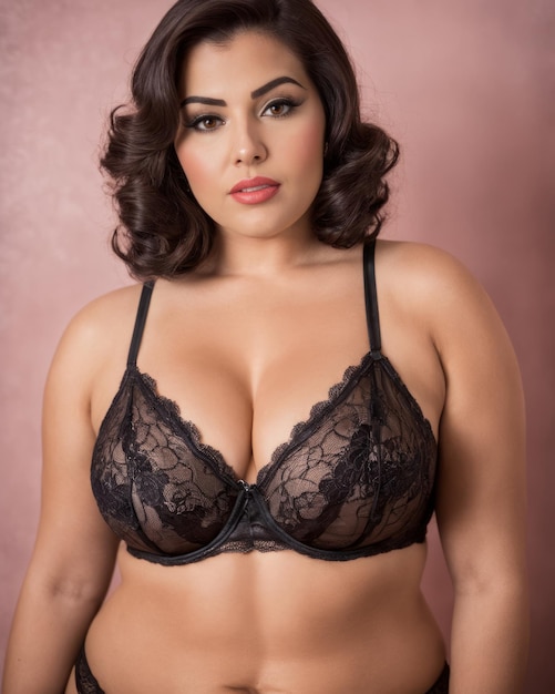 A plus size woman wearing a black lace bra