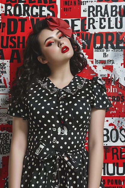 Foto plus size giovane modella carina con vestito retrò a puntini polka abbigliamento vintage di tendenza photo collectionf