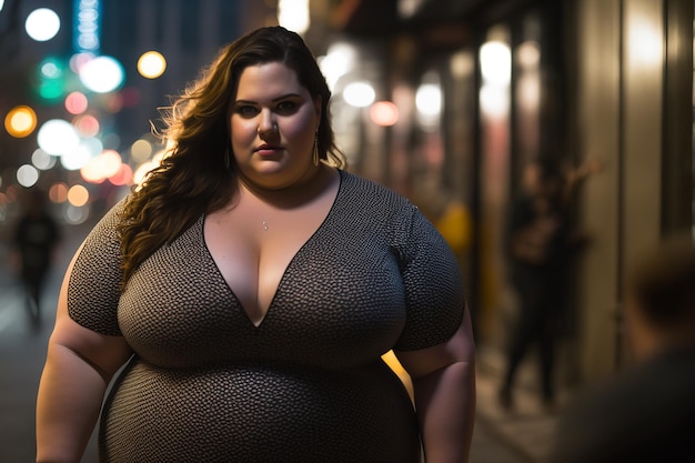 Plus sized female model walking down the street