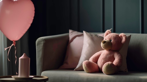 A plush bear and a pink balloon in a cozy room AI generated