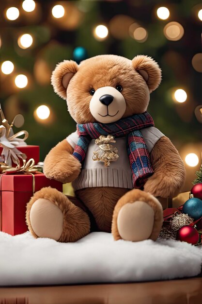 Plush bear sitting at Christmas smiling