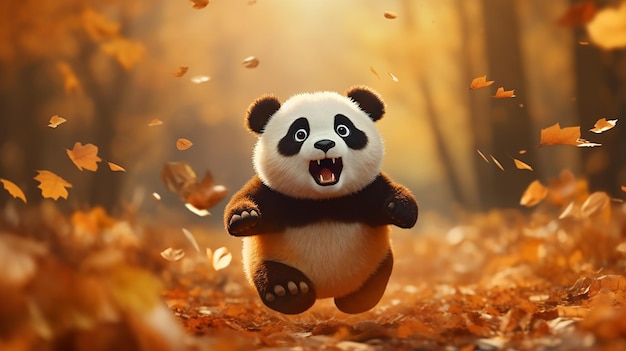 plush cartoon panda bear runs along the autumn path scattering autumn fallen leaves everywhere