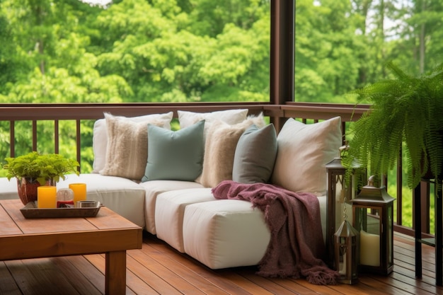 Plush sectional sofa on a wood deck