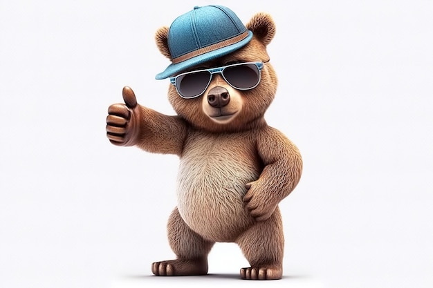 Plush toy character stylish teddy bear in hat and sunglasses points with finger on white background Generative AI illustration