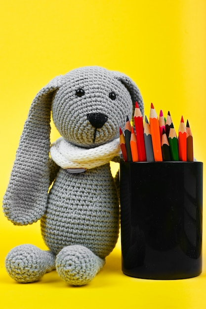 Plush toy with pencils closeup