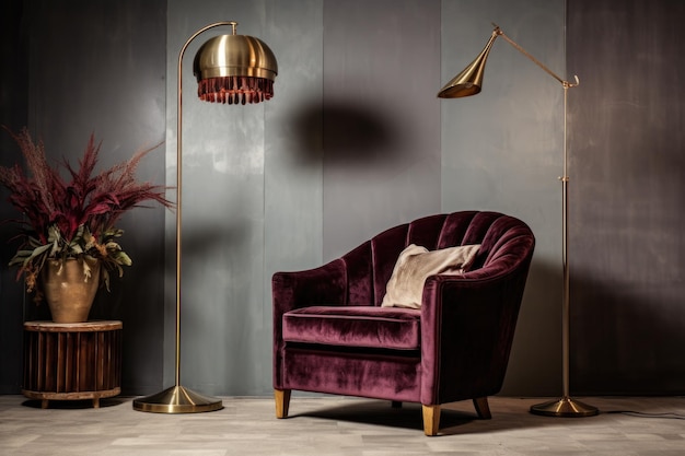 A plush velvet art deco armchair next to a brass floor lamp