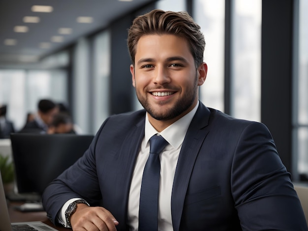 Plussize Gelukkige mannelijke werknemer in pak met baard die op zijn werkplaats zit met een laptop