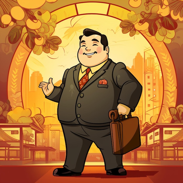 PlusSize Manager with Glowing Briefcase in Traditional Japanese Cartoon Style