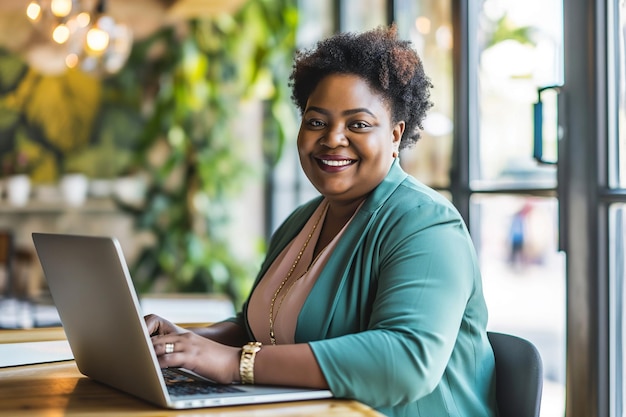 Plussize overweight beautiful large female businesswoman smiling at her laptop