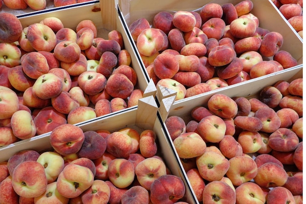 Foto scatole di compensato con pesche donut mature vendute al mercato biologico