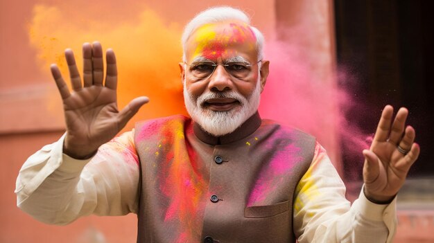 Photo pm modi celebrating holi in happy mood