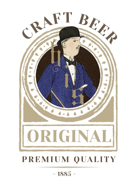 Png-badge met vintage man op craft beer logo ontwerp geremixd van de kunstwerken van Bernard Boutet de Monvel
