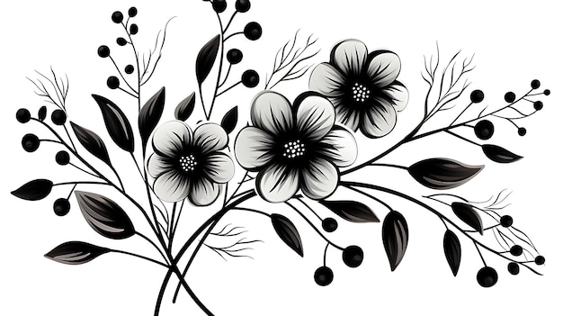 Photo png black color doodle organic line art flower and leaf