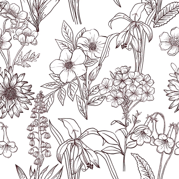 Png bloemen naadloos patroon met de hand getekend collage element transparante achtergrond