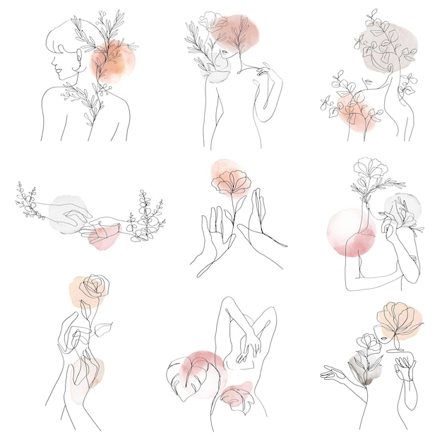 Png bloemenvrouw abstracte lijnkunst pastel illustratie set