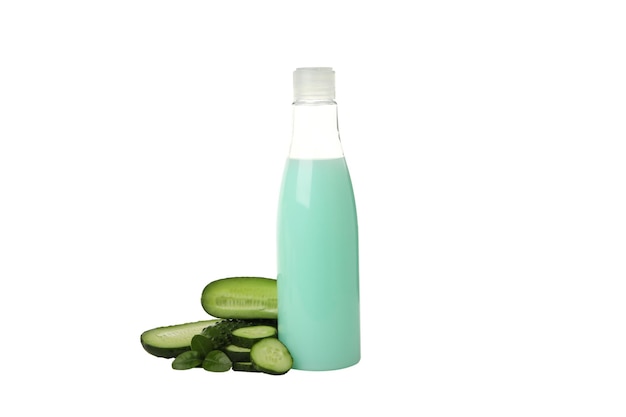 PNG Bottle with gel and sliced cucumber on white background