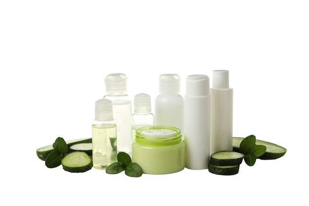 PNG Bottles with cosmetics and jar with cream sliced cucumber on white background