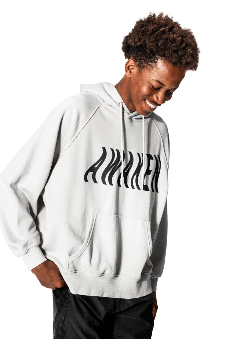 Photo png boy mockup in white hoodie with printed awaken typography