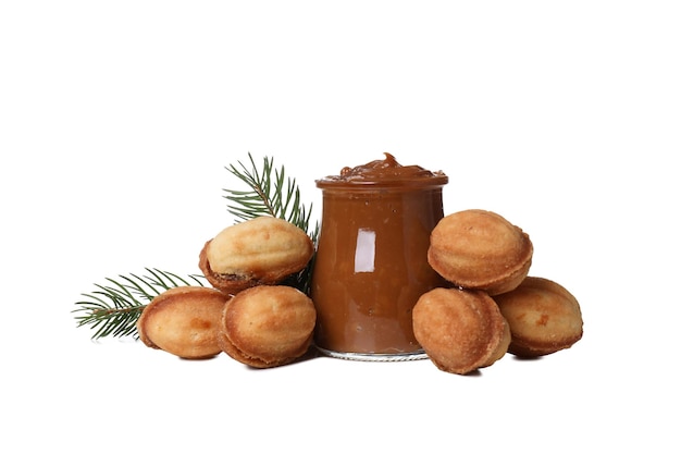 PNG Cookies nuts and jar with condensed milk isolated on white background