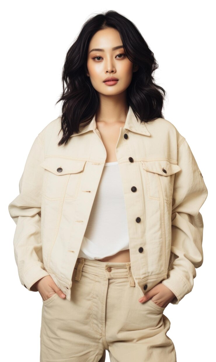 Photo png cream denim jacket mockup fashion adult woman