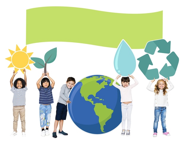 Png diverse kids spreading environmental awareness transparent background