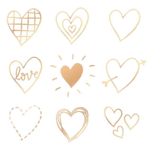 png gold heart element set in hand drawn style