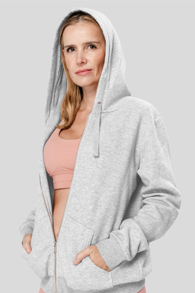 Photo png hoodie mockup transparent on woman with pink sports bra