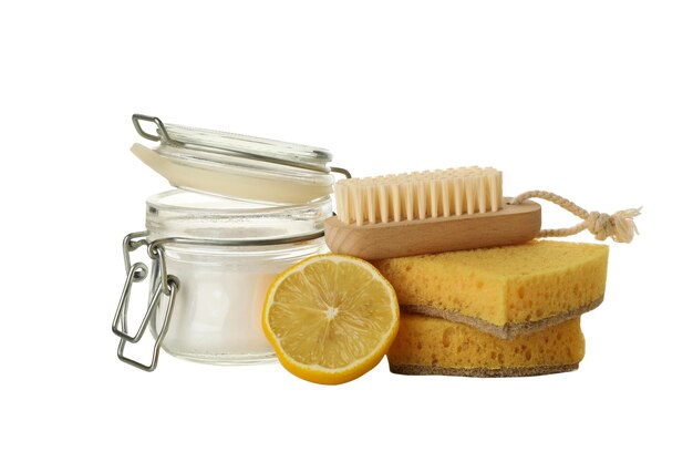 Photo png jar lemon sponges and brush isolated on white background