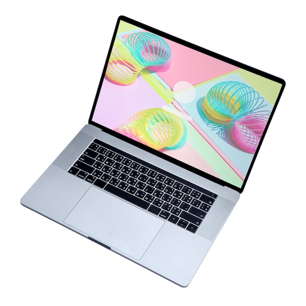 Png-laptop met kleurrijke schermsticker op doorzichtige achtergrond