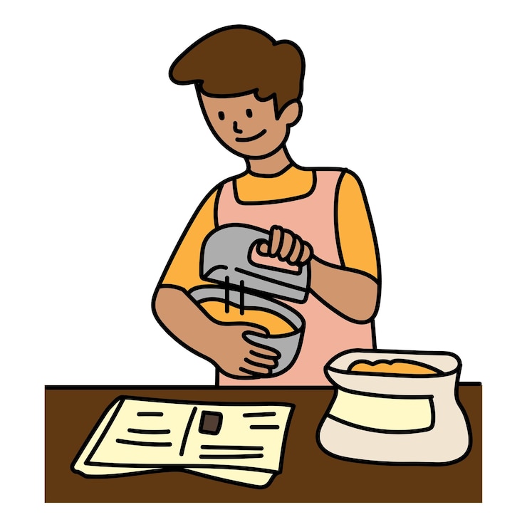 Photo png man baking with recipe doodle 透明な背景でレシピを描いている