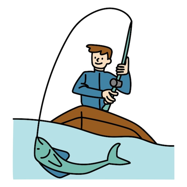 Png man fishing on boat doodle transparent background