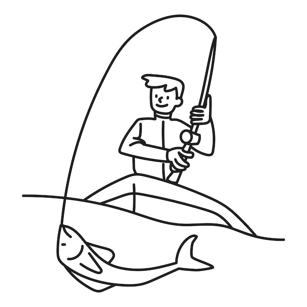 Png man fishing on boat doodle transparent background