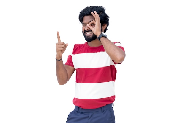 Png of man making a peace sign with his hand and wearing red and white striped shirt and blue shorts