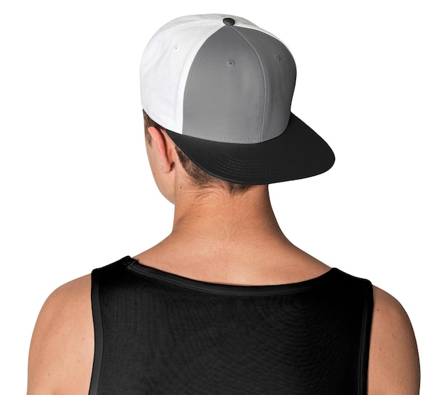 Png man met grijze snapback pet streetwear kleding schiet achteruit