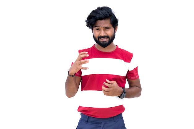 Png of man in red and white shirt is holding something in his hands and a surprised look on his face