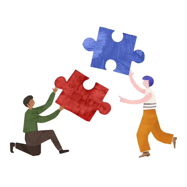 PNG-mensen met puzzels, teamwerk, papieren ambachten, collage, transparante achtergrond