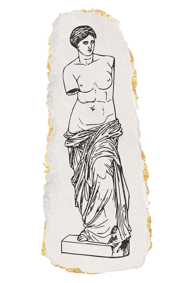 Photo png nude greek goddess statue sticker ripped paper gold glitter illustration transparent background