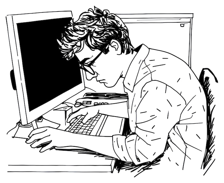 Photo png outline drawing illustration of a man working with computer drawing sketch cartoon