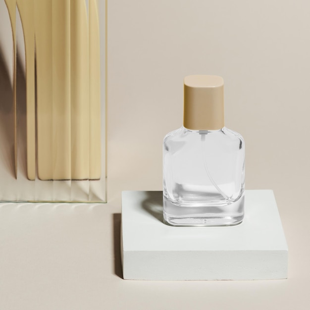 png perfume bottle mockup with patterned glass texture product backdrop