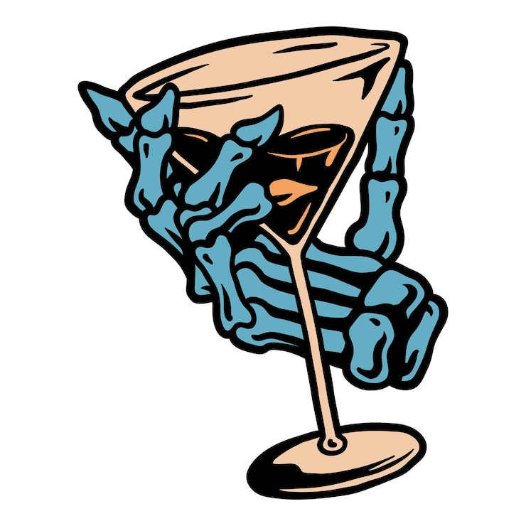 Foto png-skelet met een hand die een cocktailglaselement vasthoudt doorzichtige achtergrond